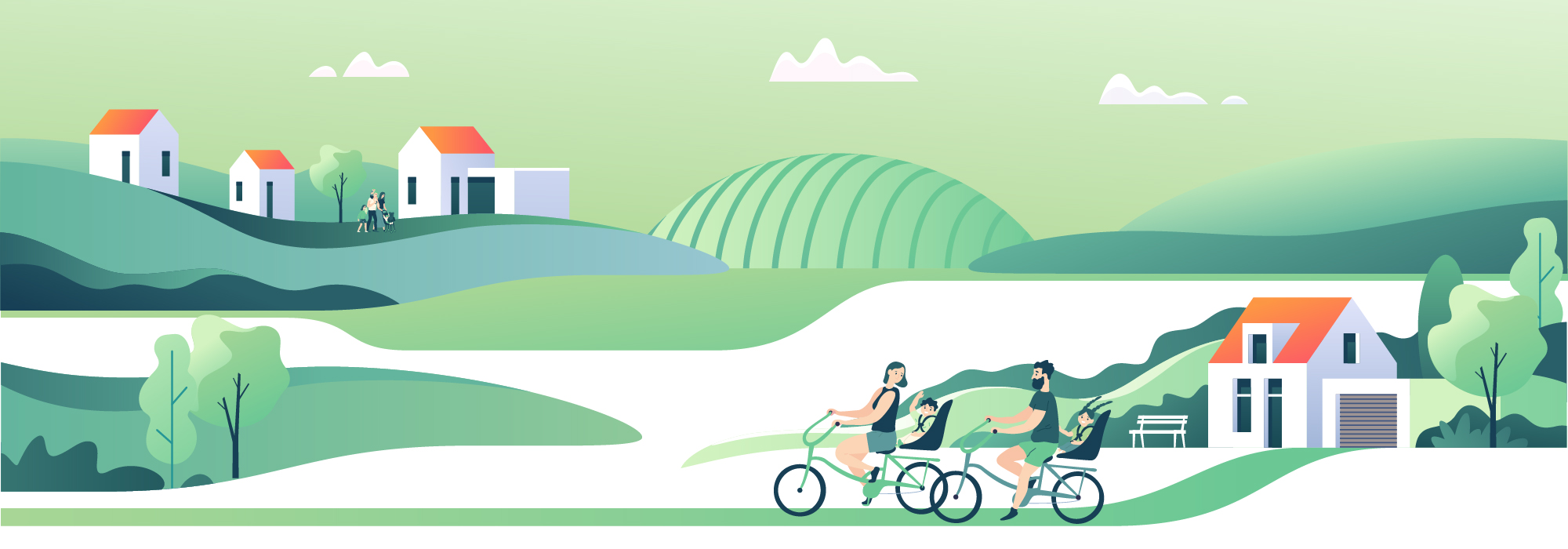 Illustrated scene of family out for a bike ride near their home